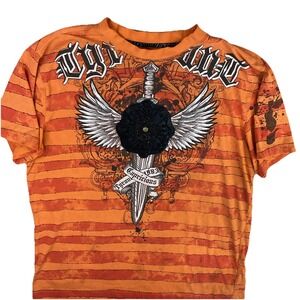 Vintage T-Shirt Y2K Raw Blue Goth Capricious Tyrant 3D Sword Wings Studs Sz 2XL